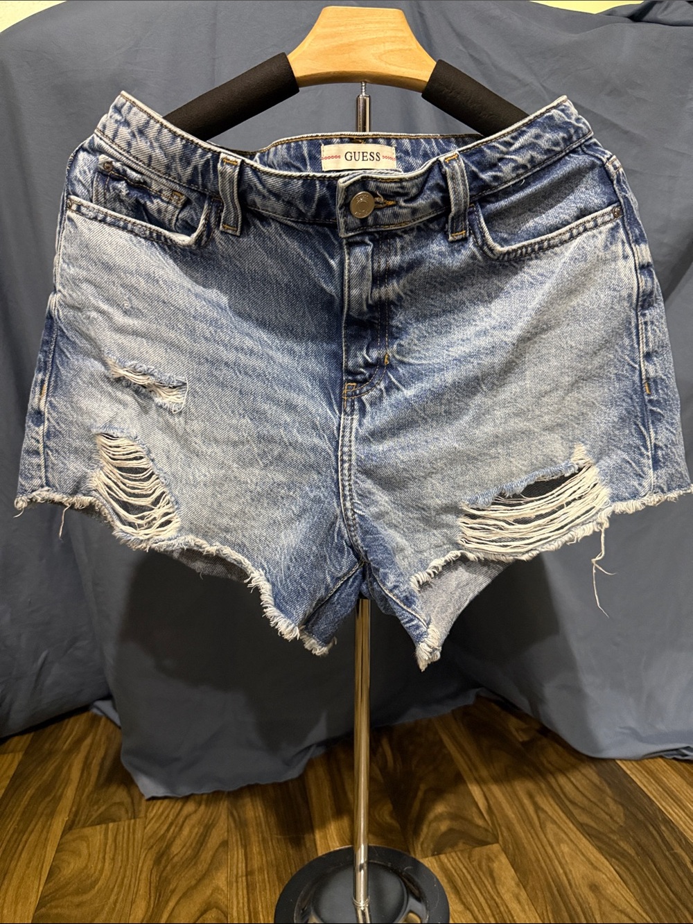 GUESS Light Blue Distressed Denim Cutoff Shorts